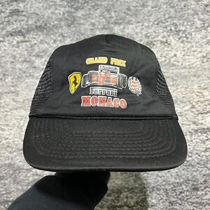 Vintage Ferarri Grand Prix Snapback Trucker Hat Monaca Racing Black Adjustable